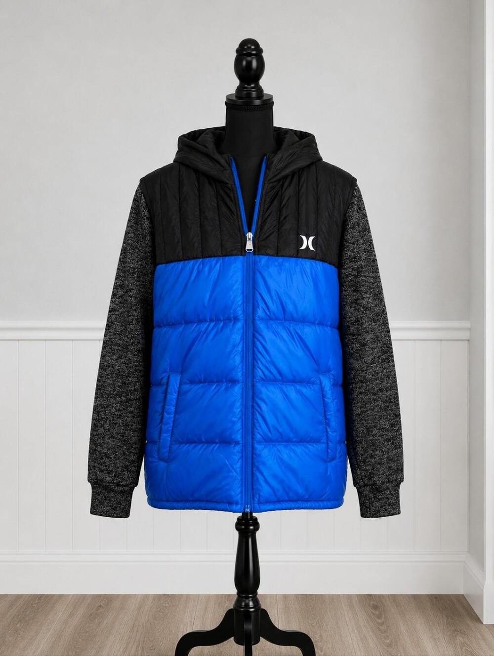 Hurley Blue and Black Puffer Vest with Hoodie